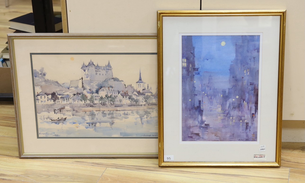 Michael Lawrence Cadman (1920-2010), two watercolours, Night scene, London street and Saumac Loire, signed and dated 2004/1993, 41 x 29cm and 34 x 48cm